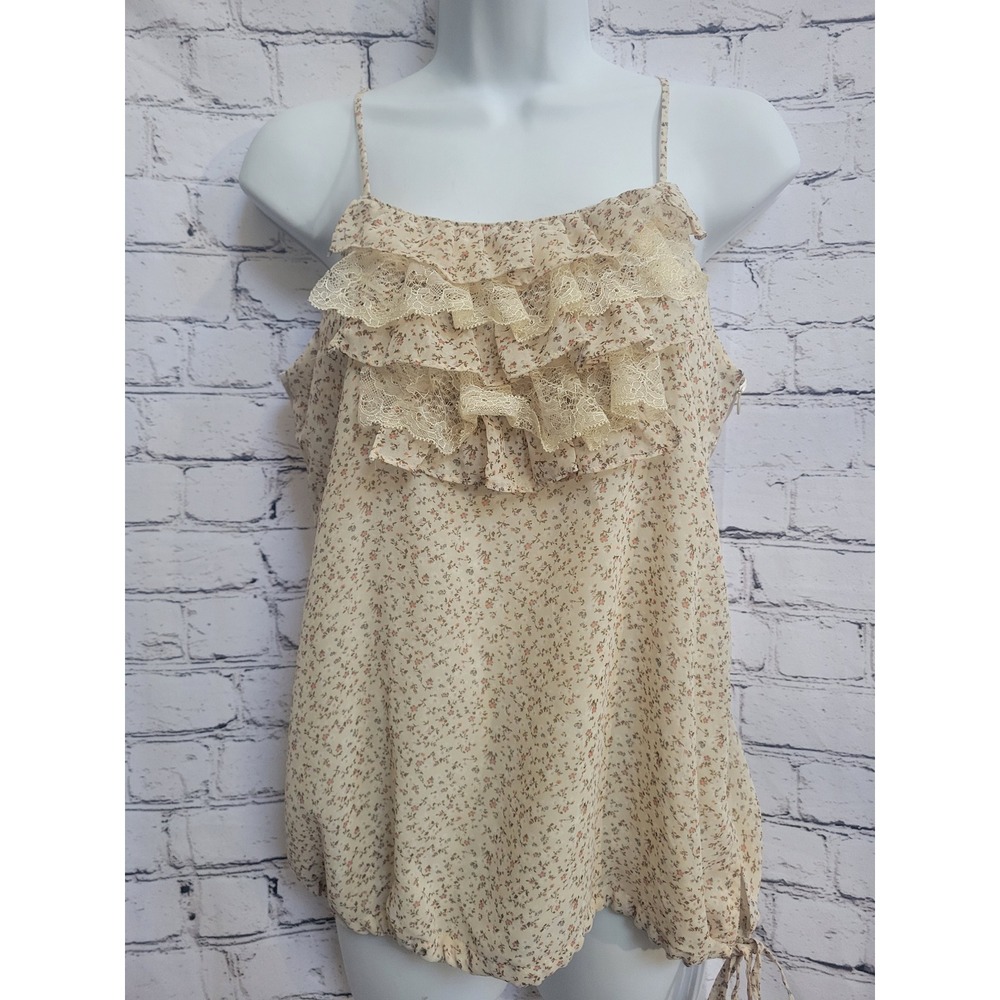 Sugarlips Floral Ruffle Lace Camisole Top Cream Cottagecore Adjustable Strap sm